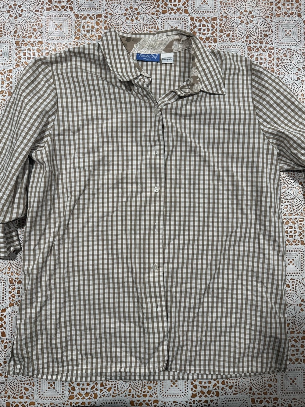 Paradise Bay Gingham Button Front Shirt Women’s Size 14 Beige White